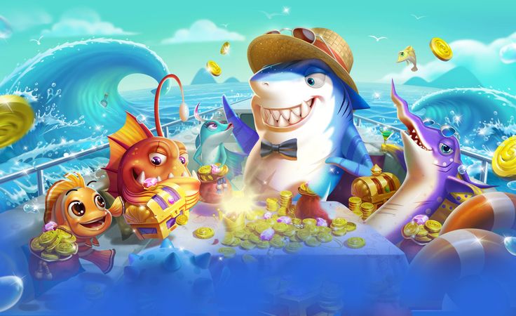 หน้าจอเกมยิงปลาพร้อมปืนใหญ่และสัตว์น้ำในฉาก