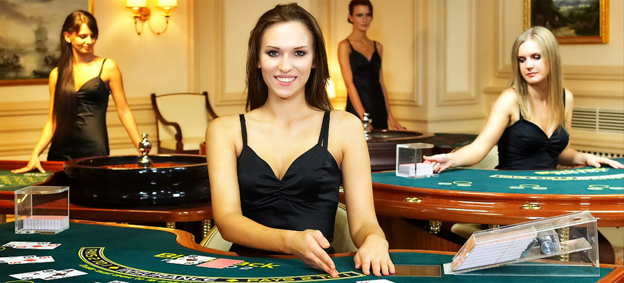 บรรยากาศโต๊ะคาสิโนสดพร้อมดีลเลอร์บนหน้าจอ
